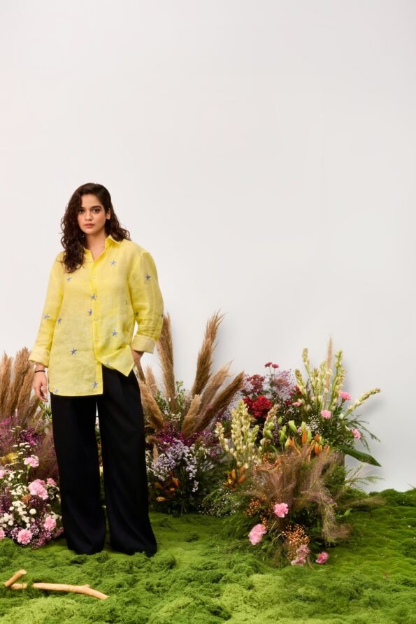 Yellow Stripes & Starfish Print Linen Shirt